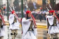 Greek soldiers Evzones dressed in full dress uniform during Independence Day of Greece