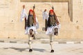 Greek soldiers Evzones (or Evzoni) dressed in full dress uniform, refers to the members of the Presidential Guard