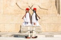 Greek soldiers Evzones (or Evzoni) dressed in full dress uniform, refers to the members of the Presidential Guard Royalty Free Stock Photo