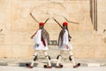 Greek soldiers Evzones (or Evzoni) dressed in full dress uniform, refers to the members of the Presidential Guard Royalty Free Stock Photo