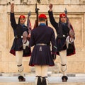 Greek soldiers Evzones (or Evzoni) dressed in service uniform, refers to the members of the Presidential Guard, Royalty Free Stock Photo