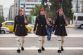 Greek soldiers Evzones (or Evzoni) dressed in service uniform, refers to the members of the Presidential Guard Royalty Free Stock Photo