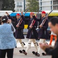 Greek soldiers Evzones (or Evzoni) dressed in service uniform, refers to the members of the Presidential Guard Royalty Free Stock Photo