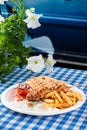 Greek souvlaki with pita bread and vegetables close-up on the table Royalty Free Stock Photo