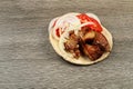 Greek souvlaki with pita bread and vegetables close-up on the table. Pork table Royalty Free Stock Photo