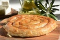 Greek spanakopita or spiral pie made of phyllo dough, spinach.