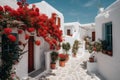 Greek street, whitewashed houses, beautiful red liana flowers, path to the sea