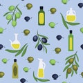 Greek Style bottles, jars, olive branches on blue background