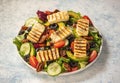 Greek style cuisine - salad with grilled halloumi cheese, avocado, pecan nuts and tomatoes. Royalty Free Stock Photo