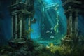 greek-style underwater ruins with aquatic life