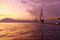 Greek sunset in Peloponnese, Rio Antirio bridge scenic view