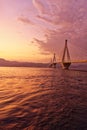 Greek sunset in Peloponnese, Rio Antirio bridge scenic view