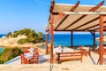 Greek tavern on beach in Kokkari town, Samos island, Greece Royalty Free Stock Photo