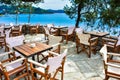 Greek tavern in Skiathos with view over the blue sea Royalty Free Stock Photo