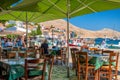 Greek taverna with view on sea in small picturesque island Halki Chalki in Greece