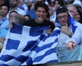 Greek tennis fans support tennis player Stefanos Tsitsipas during his quarter final match at Australian Open 2019