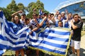 Greek tennis fans support tennis player Stefanos Tsitsipas during his quarter final match at Australian Open 2019