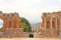 Greek Theater in the City of Taormina, Sicily Island, Italy. Old and Ancient Stone Ruins. Old Greek Columns, Greek Style Royalty Free Stock Photo