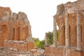 Greek Theater in the City of Taormina, Sicily Island, Italy. Old and Ancient Stone Ruins. Old Greek Columns, Greek Style Royalty Free Stock Photo