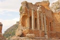 Greek Theater in the City of Taormina, Sicily Island, Italy. Old and Ancient Stone Ruins. Old Greek Columns, Greek Style Royalty Free Stock Photo