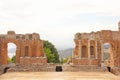 Greek Theater in the City of Taormina, Sicily Island, Italy. Old and Ancient Stone Ruins. Old Greek Columns, Greek Style