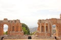 Greek Theater in the City of Taormina, Sicily Island, Italy. Old and Ancient Stone Ruins. Old Greek Columns, Greek Style Royalty Free Stock Photo