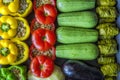 Greek traditional food Gemista. Stuffed peppers, tomatoes, zucchini, eggplant, potato and vine leaves with with rice, vegetables Royalty Free Stock Photo