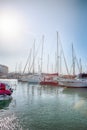 Greek travel. Old Venetian Harbour with Lines of Sailing Fishing Boats At Noon in Heraklion City, Greece