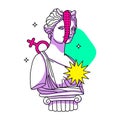 Greek trippy female bust sculpture with cracked face. Cartoon vector illustration in psychedelic y2k trip style. Royalty Free Stock Photo