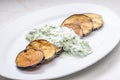 Greek tzaziki salad with fried aubergin