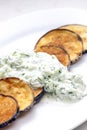 Greek tzaziki salad with fried aubergin Royalty Free Stock Photo