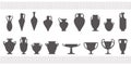 Greek vases silhouettes. Ancient amphoras and pots glyph illustration. Clay ceramic earthenware. Vector.