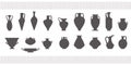 Greek vases silhouettes. Ancient amphoras and pots glyph illustration. Clay ceramic earthenware. Vector.