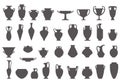 Greek vases silhouettes. Ancient amphoras and pots glyph illustration. Clay ceramic earthenware. Vector.