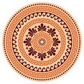 Greek vector boho mandala design, Ancient round wave and greek key pattern art in circle isolated on white - brown, yellow and ora