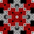 Greek vector seamless pattern. Abstract tribal ethnic style background. Repeat black white red geometric backdrop with flowers, Royalty Free Stock Photo