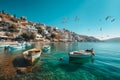 Greek village by the sea. Photorealistic image.
