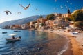 Greek village by the sea. Photorealistic image.