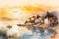 Greek village by the sea. Sunset time. Watercolor style image