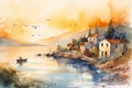 Greek village by the sea. Sunset time. Watercolor style image