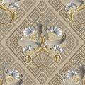 Greek vintage floral 3d seamless pattern. Light beige vector abs