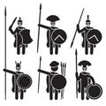 Greek warriors icon set. Spartans, Macedonian phalanx and others. Vector.