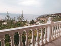 Greek white balcony with balusters sea view Athens Royalty Free Stock Photo