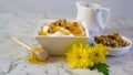 Greek yoghurt served with natural raw honey and walnuts Royalty Free Stock Photo