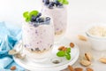Greek yogurt or blueberry parfait with fresh berries and almond nuts on white background Royalty Free Stock Photo