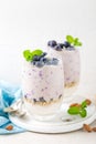 Greek yogurt or blueberry parfait with fresh berries and almond nuts on white background Royalty Free Stock Photo