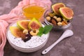 Greek yogurt with figs, nuts and honey in a bowl on a gray background. Healthy breakfast concept.