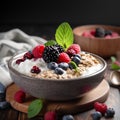 Greek yogurt with fresh berries and muesli in bowl on wooden table.