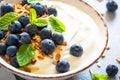 Greek Yogurt, granola and blueberry at light stone table.