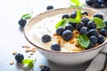 Greek Yogurt, granola and blueberry at light stone table.